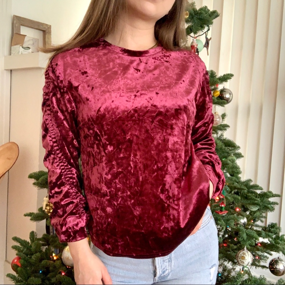 NWT Burgundy Crushed Velvet Long Sleeve Blouse